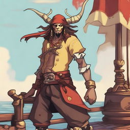A young human pirate with a regular face and slim body, featuring Oni horns that resemble an ox's