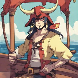 A young human pirate with a regular face and slim body, featuring Oni horns that resemble an ox's