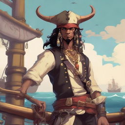 A young human pirate in a D&D setting with a regular face and slim body, featuring Oni horns that resemble an ox's