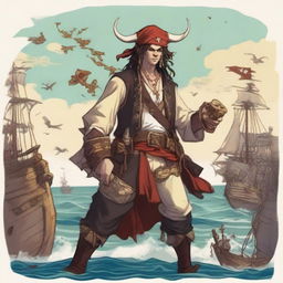 A young human pirate in a D&D setting with a regular face and slim body, featuring Oni horns that resemble an ox's