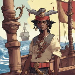 A young human pirate in a D&D setting with a regular face and slim body, featuring Oni horns that resemble an ox's