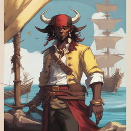 A young human pirate in a D&D setting with a regular face and slim body, featuring Oni horns that resemble an ox's