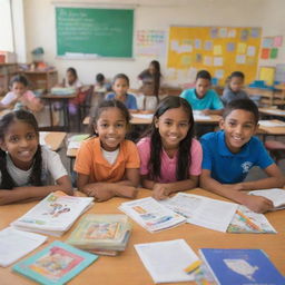 A lively and colorful classroom filled with diverse school kids engrossed in their studies, with books and educational materials scattered around.