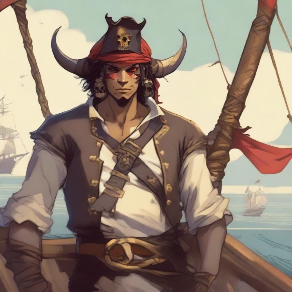 A young human pirate in a D&D setting with a regular face and slim body, featuring Oni horns that resemble an ox's