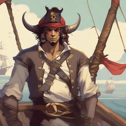 A young human pirate in a D&D setting with a regular face and slim body, featuring Oni horns that resemble an ox's
