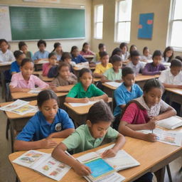 A lively and colorful classroom filled with diverse school kids engrossed in their studies, with books and educational materials scattered around.