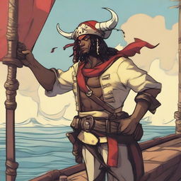 A young human pirate in a D&D setting with a regular face and slim body, featuring Oni horns that resemble an ox's