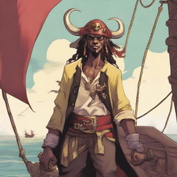 A young human pirate in a D&D setting with a regular face and slim body, featuring Oni horns that resemble an ox's
