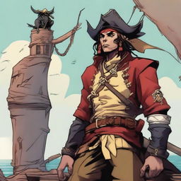 A young human pirate in a D&D setting with a regular face and slim body, featuring Oni horns that resemble an ox's, colored in pale yellow and red