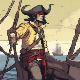 A young human pirate in a D&D setting with a regular face and slim body, featuring Oni horns that resemble an ox's, colored in pale yellow and red