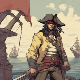A young human pirate in a D&D setting with a regular face and slim body, featuring Oni horns that resemble an ox's, colored in pale yellow and red