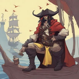 A young human pirate in a D&D setting with a regular face and slim body, featuring Oni horns that resemble an ox's, colored in pale yellow and red