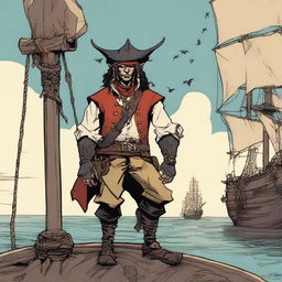 A young human pirate in a D&D setting with a regular face and slim body, featuring Oni horns that resemble an ox's, colored in pale yellow and red