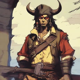 A young human pirate in a D&D setting with a regular face and slim body, featuring Oni horns that resemble an ox's, colored in pale yellow and red