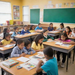 A lively and colorful classroom filled with diverse school kids engrossed in their studies, with books and educational materials scattered around.