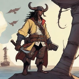 A young human pirate in a D&D setting with a regular face and slim body, featuring Oni horns that resemble an ox's, colored in pale yellow and red