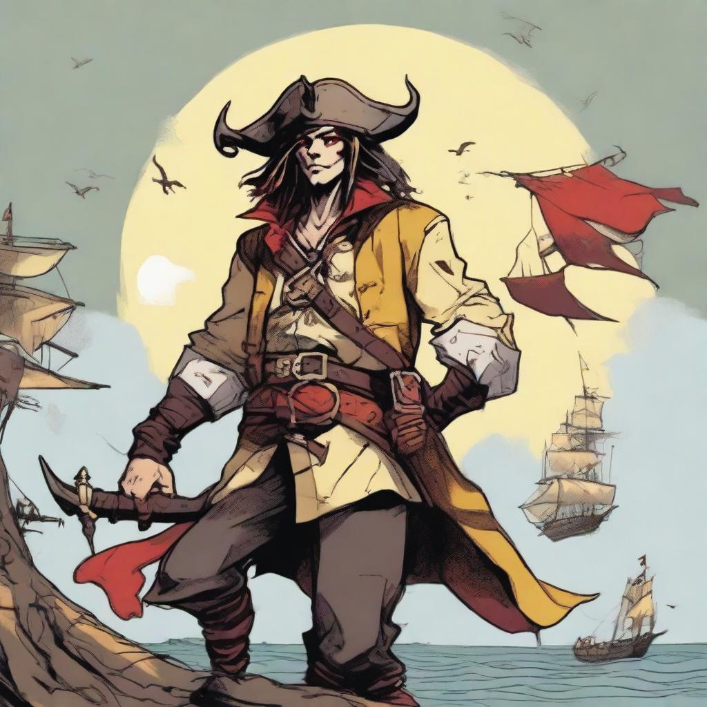 A young human pirate in a D&D setting with a regular face and slim body, featuring Oni horns that resemble an ox's, colored in pale yellow and red