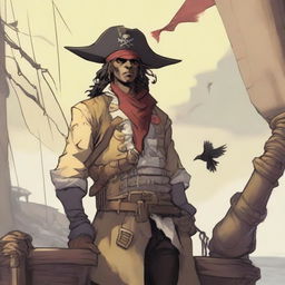 A young human pirate in a D&D setting with a regular face and slim body, featuring Oni horns that resemble an ox's, colored in pale yellow and red