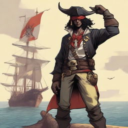 A young human pirate in a D&D setting with a regular face and slim body, featuring Oni horns that resemble an ox's, colored in pale yellow and red