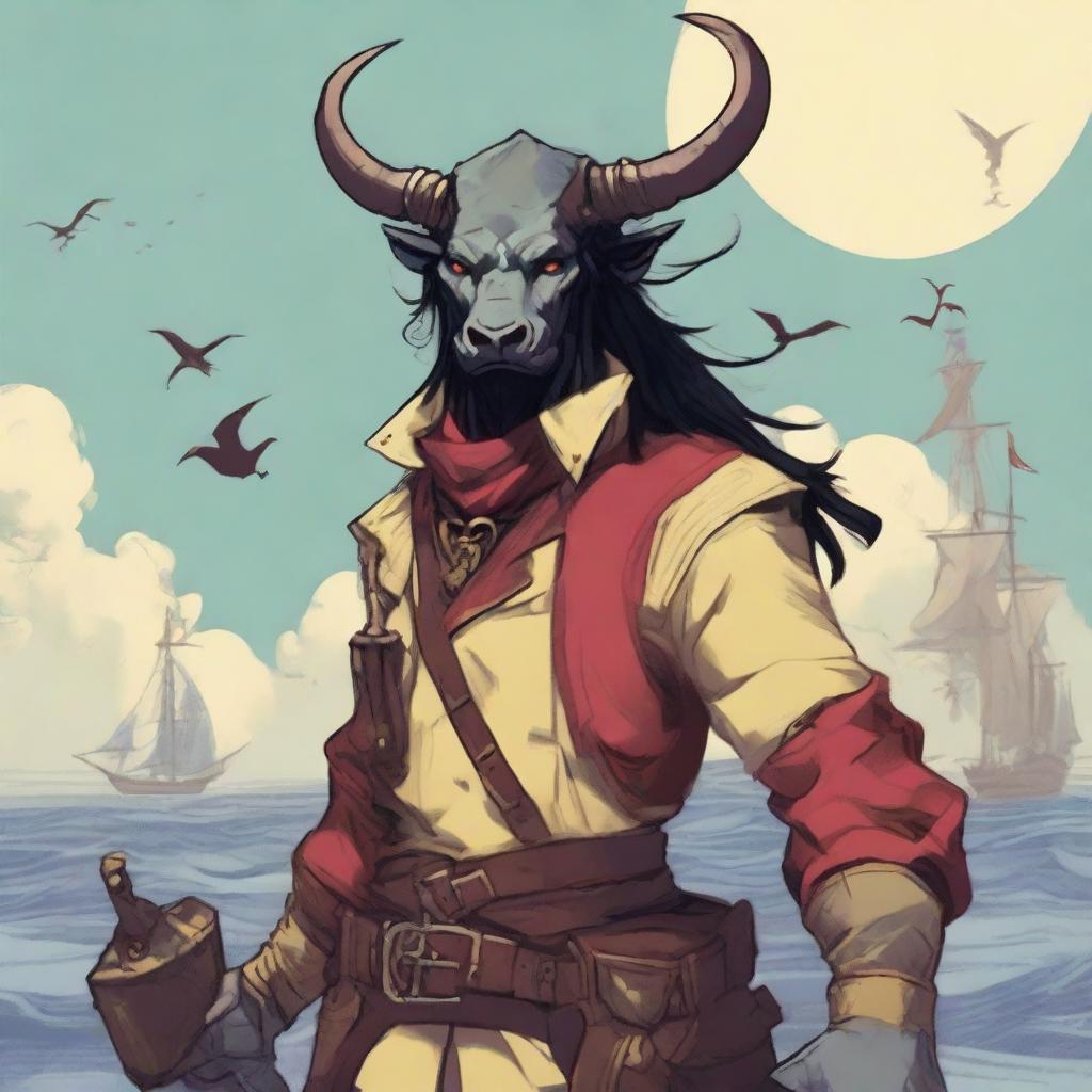 A young human seafarer in a D&D setting with a regular face and slim body, featuring Oni horns that resemble an ox's, colored in pale yellow and red