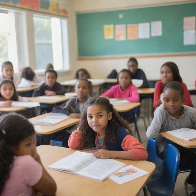 A lively and colorful classroom filled with diverse school kids engrossed in their studies, with books and educational materials scattered around.