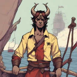 A young human seafarer in a D&D setting with a regular face and slim body, featuring Oni horns that resemble an ox's, colored in pale yellow and red