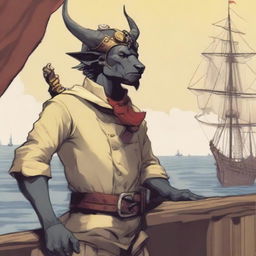 A young human seafarer in a D&D setting with a regular face and slim body, featuring Oni horns that resemble an ox's, colored in pale yellow and red