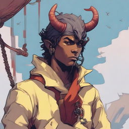 A young human seafarer in a D&D setting with a regular face and slim body, featuring Oni horns that resemble an ox's, colored in pale yellow and red