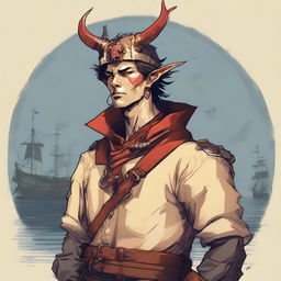 A young human seafarer in a D&D setting with a regular face and slim body, featuring Oni horns that resemble an ox's, colored in pale yellow and red