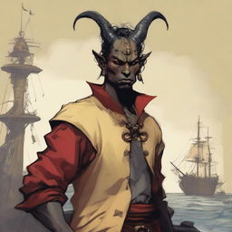 A young human seafarer in a D&D setting with a regular face and slim body, featuring Oni horns that resemble an ox's, colored in pale yellow and red