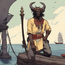 A young human seafarer in a D&D setting with a regular face and slim body, featuring Oni horns that resemble an ox's, colored in pale yellow and red