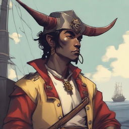 A young human seafarer in a D&D setting with a regular face and slim body, featuring Oni horns that resemble an ox's, colored in pale yellow and red