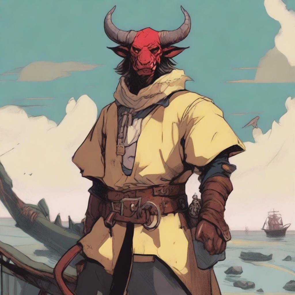 A young human seafarer in a Dungeons & Dragons setting, with a regular face and slim body, featuring Oni horns that resemble an ox's, colored in pale yellow and red