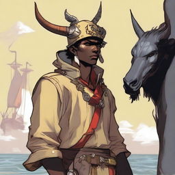 A young human seafarer in a Dungeons & Dragons setting, with a regular face and slim body, featuring Oni horns that resemble an ox's, colored in pale yellow and red