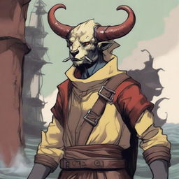 A young human seafarer in a Dungeons & Dragons setting, with a regular face and slim body, featuring Oni horns that resemble an ox's, colored in pale yellow and red