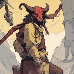 A young human seafarer in a Dungeons & Dragons setting, with a regular face and slim body, featuring Oni horns that resemble an ox's, colored in pale yellow and red