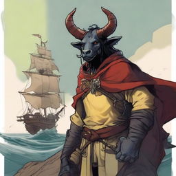 A young human seafarer in a Dungeons & Dragons setting, with a regular face and slim body, featuring Oni horns that resemble an ox's, colored in pale yellow and red