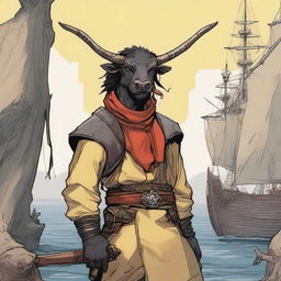 A young human seafarer in a Dungeons & Dragons setting, with a regular face and slim body, featuring Oni horns that resemble an ox's, colored in pale yellow and red