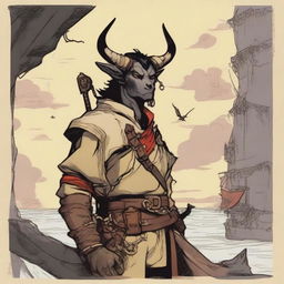 A young human seafarer in a Dungeons & Dragons setting, with a regular face and slim body, featuring Oni horns that resemble an ox's, colored in pale yellow and red