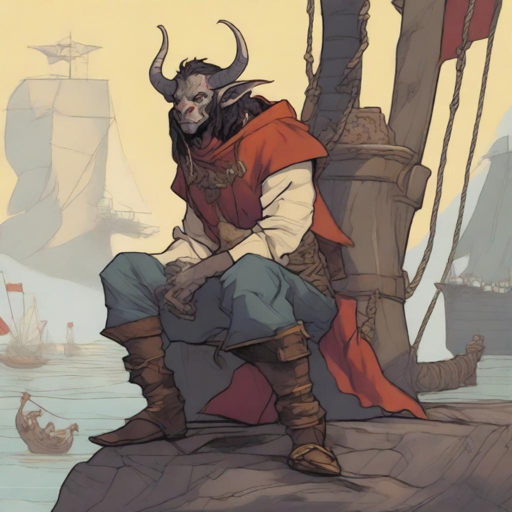 A young human seafarer in a Dungeons & Dragons setting, with a slim body and regular human face, featuring Oni horns that resemble an ox's, colored in pale yellow and red