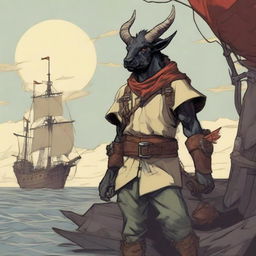 A young human seafarer in a Dungeons & Dragons setting, with a slim body and regular human face, featuring Oni horns that resemble an ox's, colored in pale yellow and red