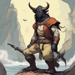 A young human seafarer in a Dungeons & Dragons setting, with a slim body and regular human face, featuring Oni horns that resemble an ox's, colored in pale yellow and red