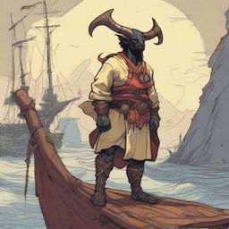 A young human seafarer in a Dungeons & Dragons setting, with a slim body and regular human face, featuring Oni horns that resemble an ox's, colored in pale yellow and red