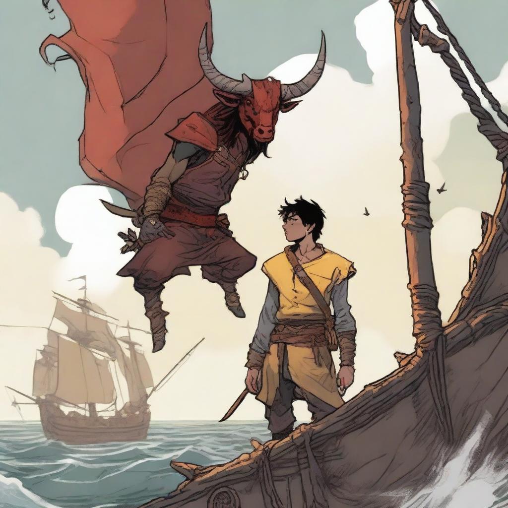 A young human seafarer in a Dungeons & Dragons setting, with a slim body and regular human face, featuring Oni horns that resemble an ox's, colored in pale yellow and red