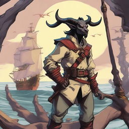 A young human seafarer in a Dungeons & Dragons setting, with a slim body and regular human face, featuring Oni horns that resemble an ox's, colored in pale yellow and red