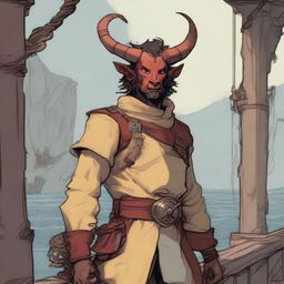 A young human seafarer in a Dungeons & Dragons setting, with a slim body and regular human face, featuring Oni horns that resemble an ox's, colored in pale yellow and red