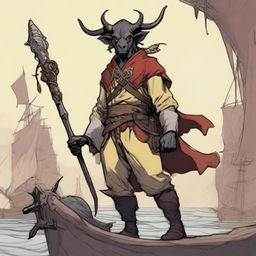 A young human seafarer in a Dungeons & Dragons setting, with a slim body and regular human face, featuring Oni horns that resemble an ox's, colored in pale yellow and red