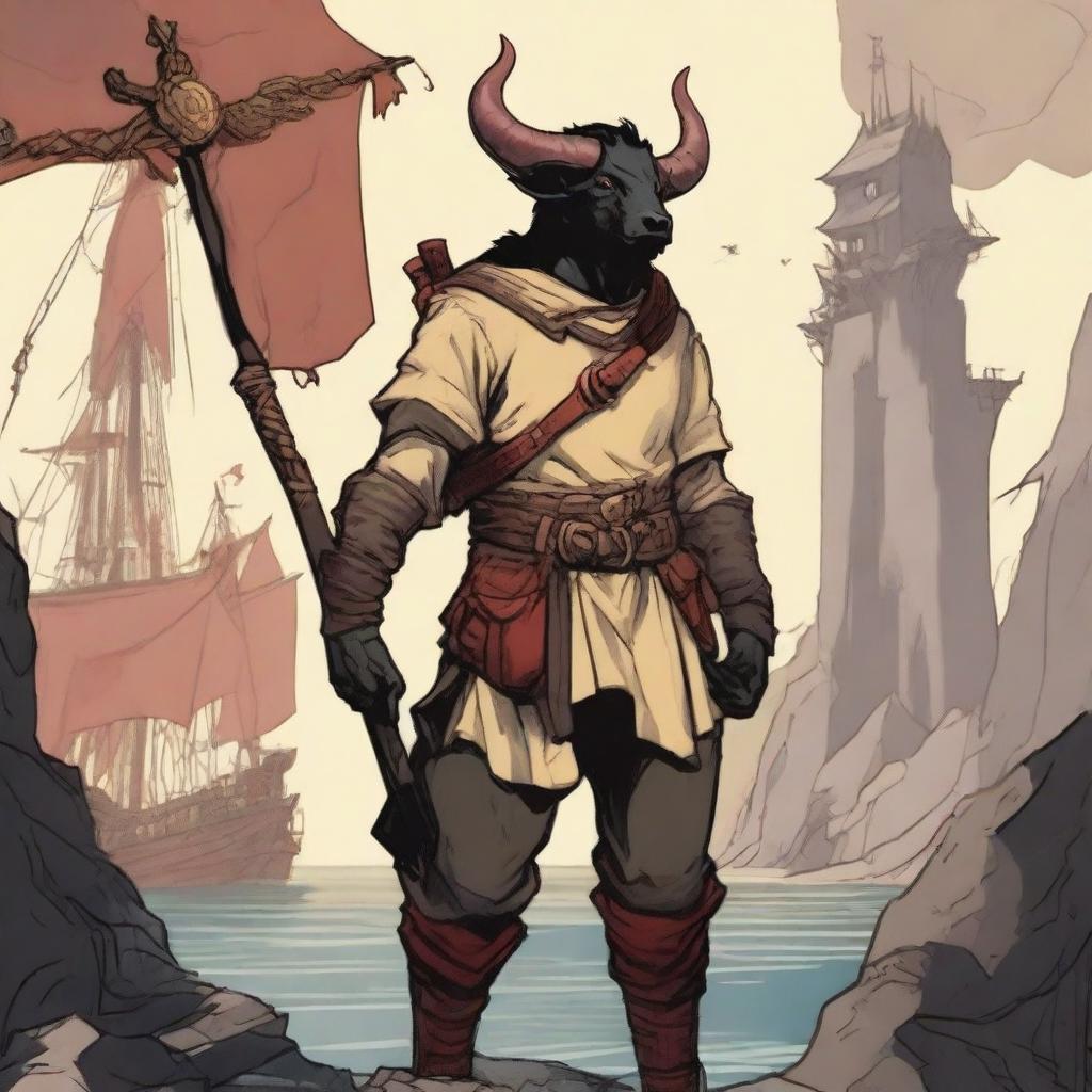 A young human seafarer in a Dungeons & Dragons setting, with a slim body and normal human face, featuring Oni horns that resemble an ox's, colored in pale yellow and red