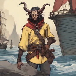 A young human seafarer in a Dungeons & Dragons setting, with a slim body and normal human face, featuring Oni horns that resemble an ox's, colored in pale yellow and red