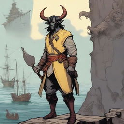 A young human seafarer in a Dungeons & Dragons setting, with a slim body and normal human face, featuring Oni horns that resemble an ox's, colored in pale yellow and red